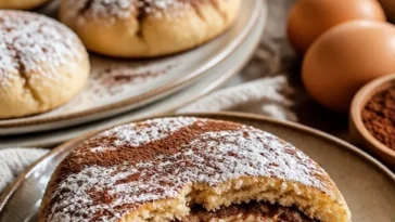 Köstliche Tiramisu-Krümmelkekse auf einem Teller garniert mit Kakaopulver