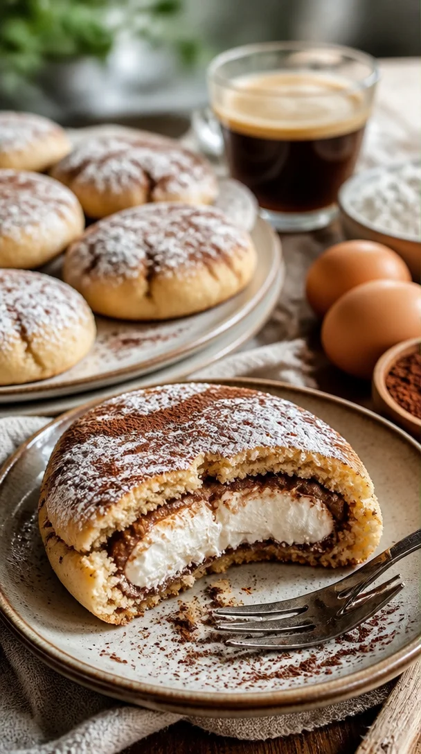 Köstliche Tiramisu-Krümmelkekse auf einem Teller garniert mit Kakaopulver