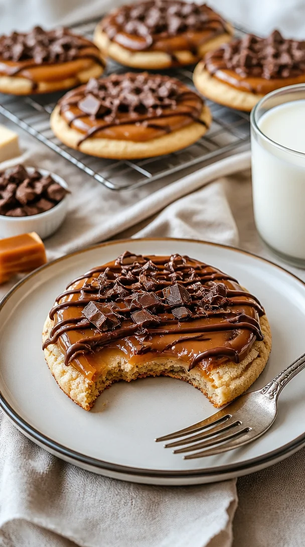 Leckere Twix-Style-Plätzchen mit Karamell und Schokolade auf einem Teller