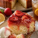 Umgedrehter Erdbeerkuchen mit frischen Erdbeeren und saftigem Kuchenboden