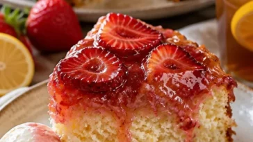 Umgedrehter Erdbeerkuchen mit frischen Erdbeeren und saftigem Kuchenboden