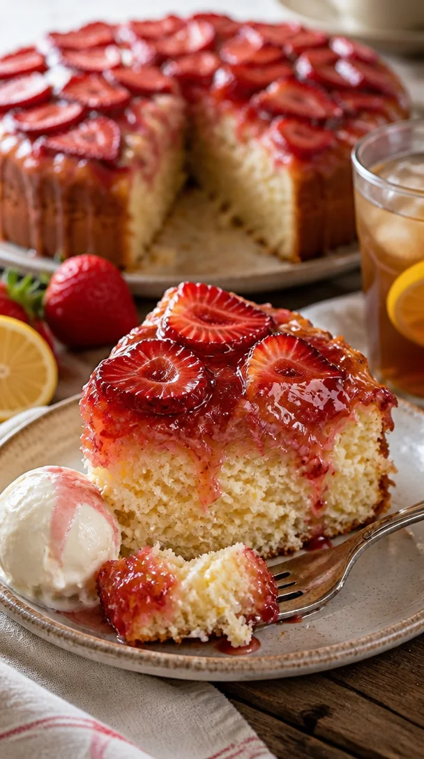 Umgedrehter Erdbeerkuchen mit frischen Erdbeeren und saftigem Kuchenboden