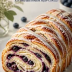 Heidelbeer-Frischkäse-Teigzopf auf einem Teller, verziert mit frischen Heidelbeeren.