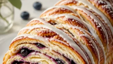 Heidelbeer-Frischkäse-Teigzopf auf einem Teller, verziert mit frischen Heidelbeeren.