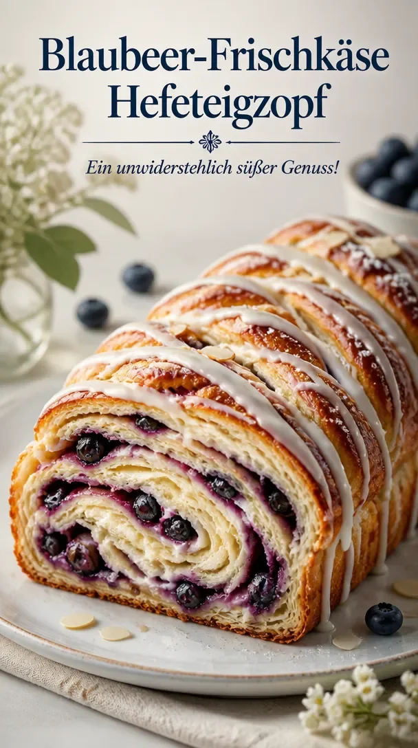 Heidelbeer-Frischkäse-Teigzopf auf einem Teller, verziert mit frischen Heidelbeeren.