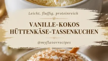 Vanille-Kokosnuss-Hüttenkäse-Tassekuchen in einer eleganten Tasse serviert.