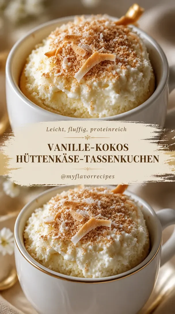 Vanille-Kokosnuss-Hüttenkäse-Tassekuchen in einer eleganten Tasse serviert.