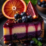 Veganer Blutorange-Preiselbeer-Käsekuchen mit frischen Beeren und Orangenscheiben