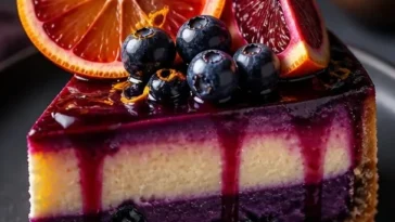 Veganer Blutorange-Preiselbeer-Käsekuchen mit frischen Beeren und Orangenscheiben