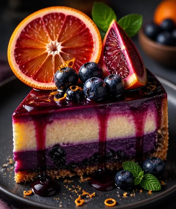 Veganer Blutorange-Preiselbeer-Käsekuchen mit frischen Beeren und Orangenscheiben