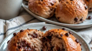 Weiche Schoko Brötchen frisch gebacken auf einem Holzbrett