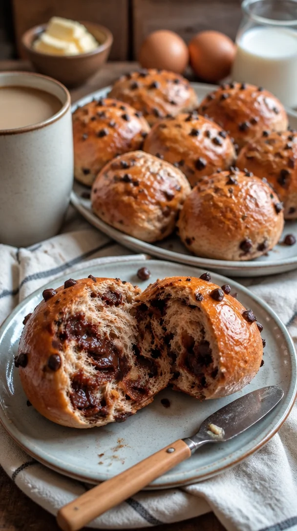 Weiche Schoko Brötchen frisch gebacken auf einem Holzbrett