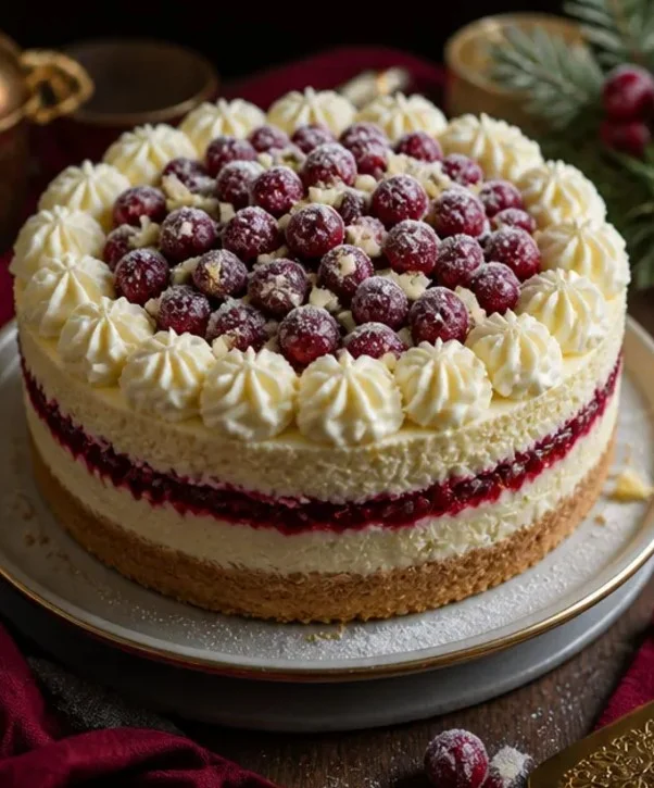 Festlicher Cranberry-Käsekuchen mit weißer Schokolade, perfekt für Weihnachten