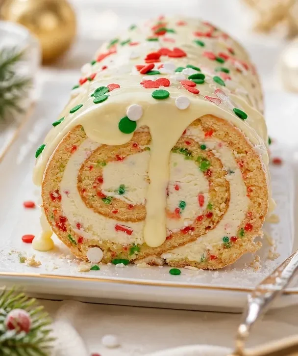 Leckere Weihnachts-Vanille-Rolle mit weihnachtlichem Dekor