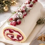 Weihnachts-Himbeerkuchenrolle mit frischen Himbeeren und Sahnefüllung