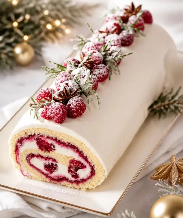 Weihnachts-Himbeerkuchenrolle mit frischen Himbeeren und Sahnefüllung