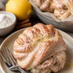 Zimtschnecken-Croissants mit Frischkäseglasur auf einem Teller serviert