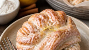 Zimtschnecken-Croissants mit Frischkäseglasur auf einem Teller serviert