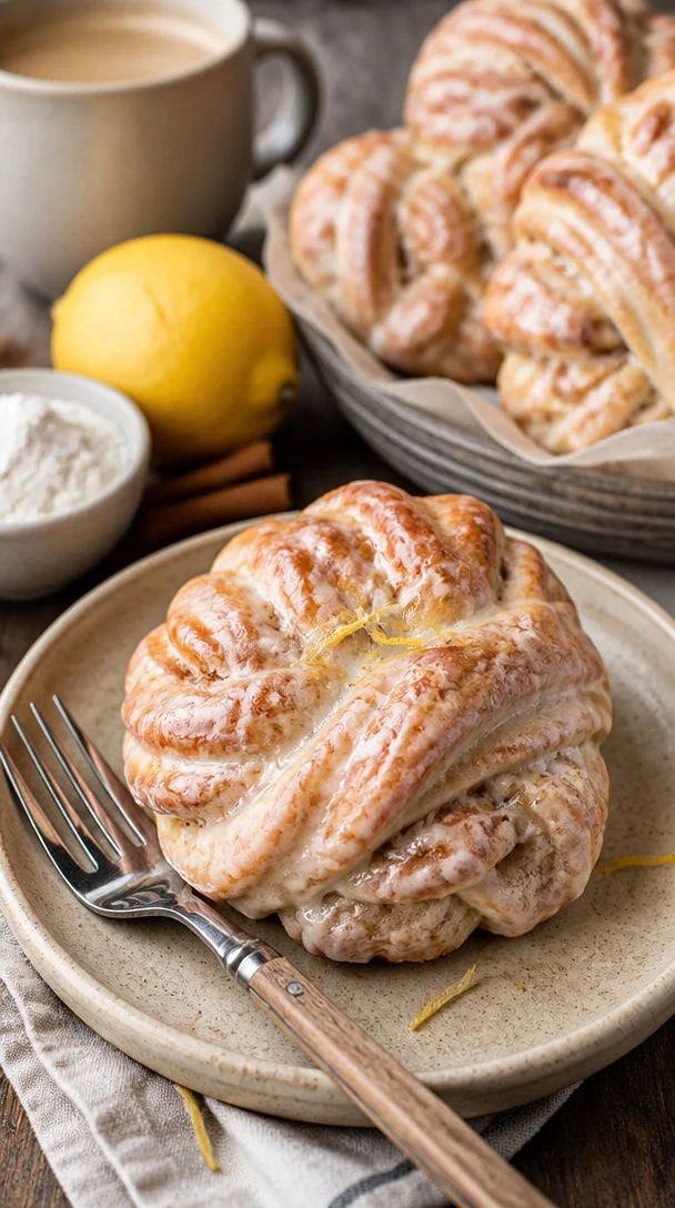 Zimtschnecken-Croissants mit Frischkäseglasur auf einem Teller serviert