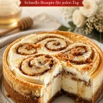Frisch gebackene Zimtschnecken, Honigkipferl und Käsekuchen auf einem Teller