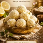 Zitronen- und Mandel-Glücksballen auf einem Teller, frisch und köstlich.