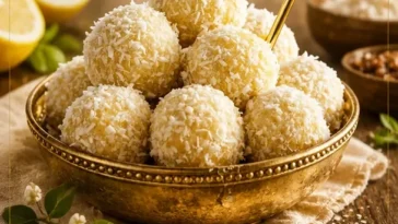 Zitronen- und Mandel-Glücksballen auf einem Teller, frisch und köstlich.