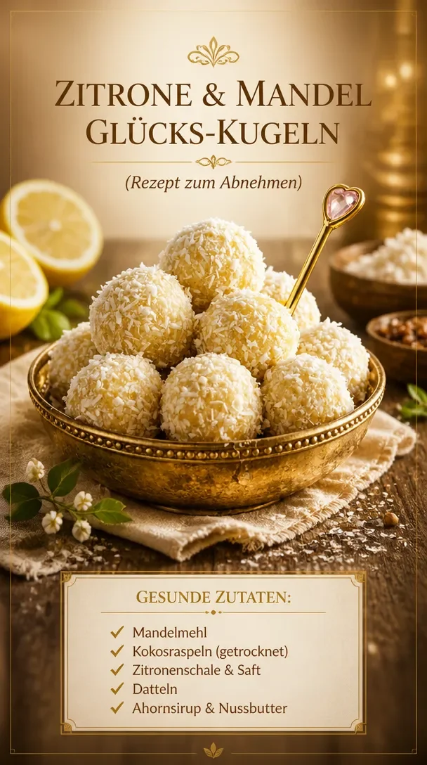 Zitronen- und Mandel-Glücksballen auf einem Teller, frisch und köstlich.