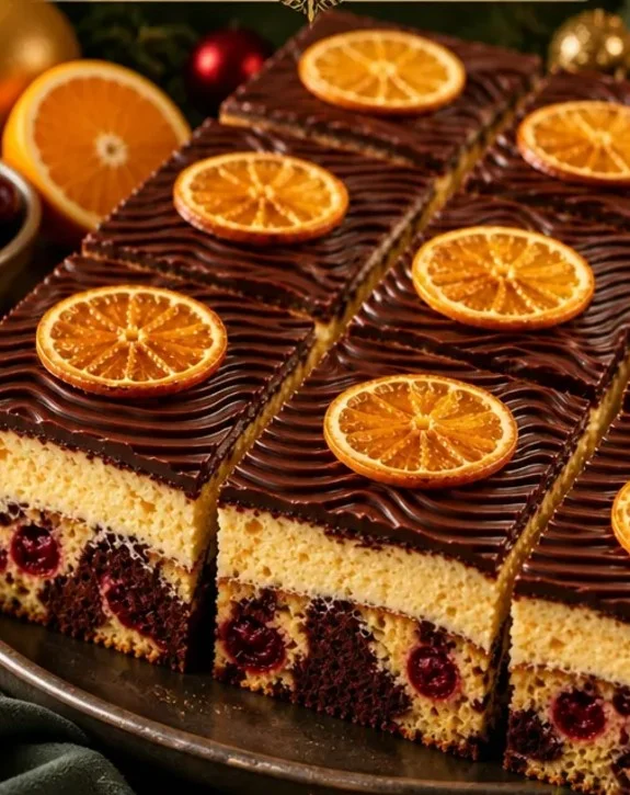 Weihnachts-Kirsche-Orange Donau-Welle aus Blätterteig auf einem festlichen Teller
