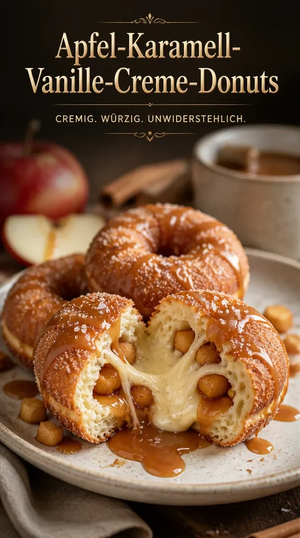 Apfel-Karamell-Crèmefüllte Donuts auf einem Teller, köstlich und verführerisch