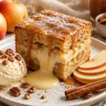 Apfelweinpuddingkuchen mit frischen Äpfeln und cremiger Puddingfüllung