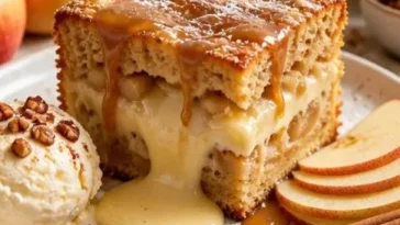 Apfelweinpuddingkuchen mit frischen Äpfeln und cremiger Puddingfüllung