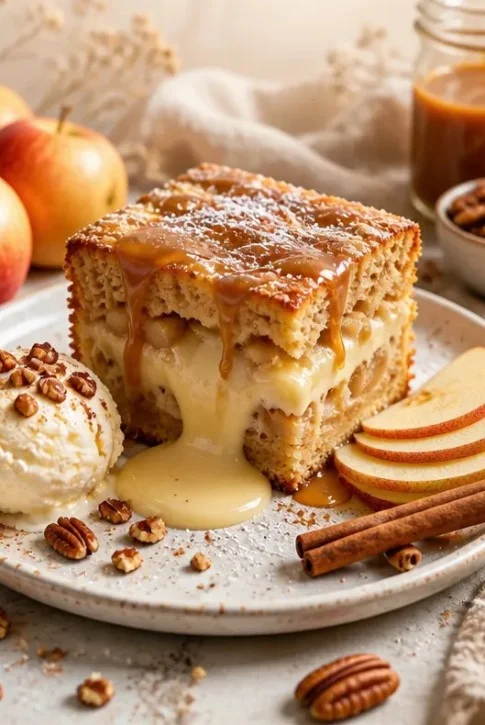 Apfelweinpuddingkuchen mit frischen Äpfeln und cremiger Puddingfüllung