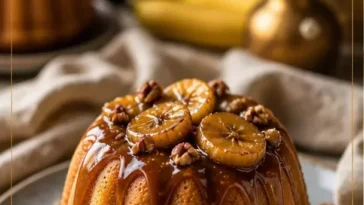 Bananen-Foster-Mini-Bundt-Kuchen mit Karamellglasur auf einem Teller