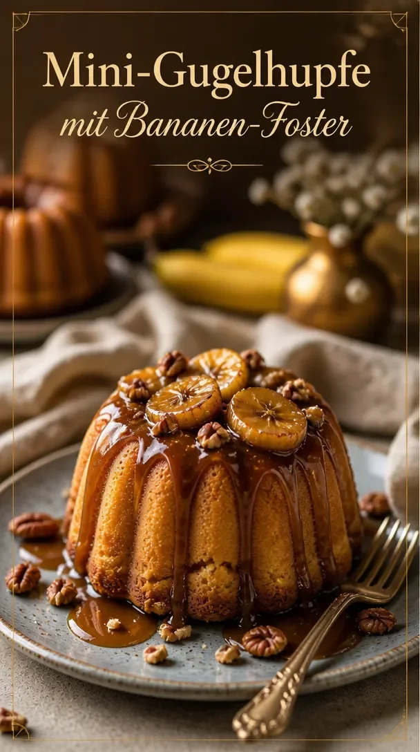 Bananen-Foster-Mini-Bundt-Kuchen mit Karamellglasur auf einem Teller