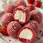 Erdbeer-Velvet-Cheesecake-Trüffel auf einem Teller, verziert mit frischen Erdbeeren.