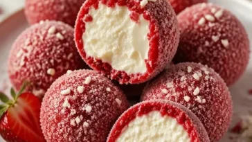 Erdbeer-Velvet-Cheesecake-Trüffel auf einem Teller, verziert mit frischen Erdbeeren.