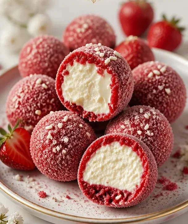 Erdbeer-Velvet-Cheesecake-Trüffel auf einem Teller, verziert mit frischen Erdbeeren.