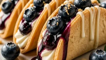 Delizierte Blaubeer-Vanille-Creme-Keks-Tacos auf einem Teller