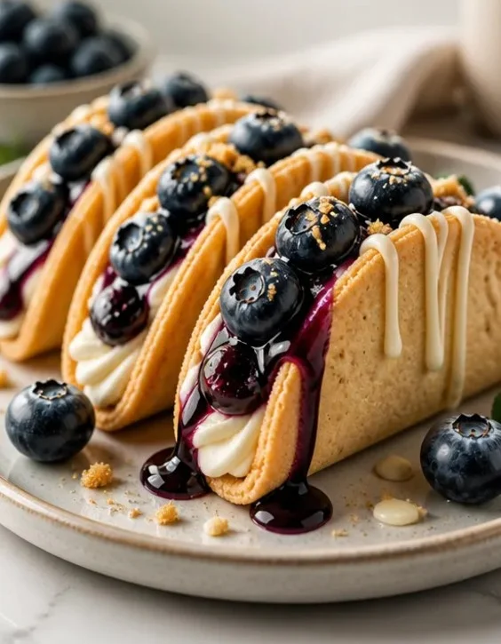 Delizierte Blaubeer-Vanille-Creme-Keks-Tacos auf einem Teller