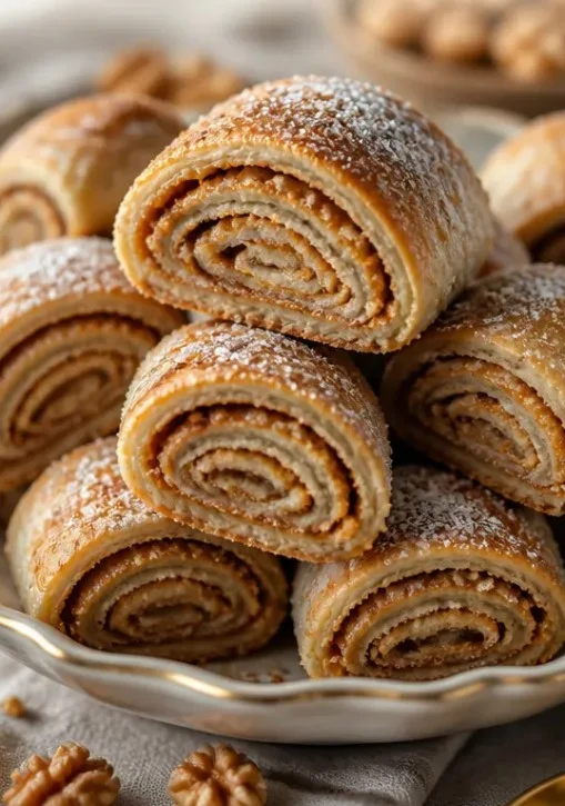 Walnuss-Rugelach mit braunem Zucker auf einem Holzbrett