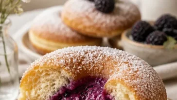 Leckere Brombeer-Creme-Donuts auf einem Teller