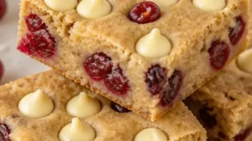 Cranberry Blondie Riegel mit weißer Schokolade auf einem Teller