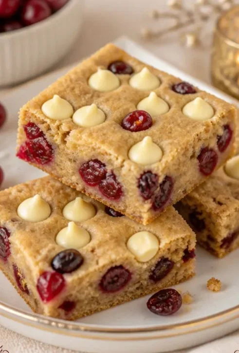 Cranberry Blondie Riegel mit weißer Schokolade auf einem Teller