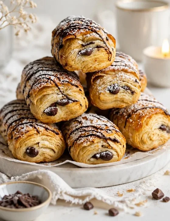 Leckeres Schokoladencroissant auf einem Teller, perfekt für den Frühstückstisch.