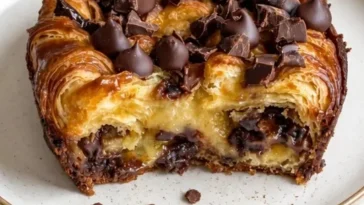 Dekadenter Schokoladen-Croissant-Frühstücksauflauf mit Schokoladenstücken