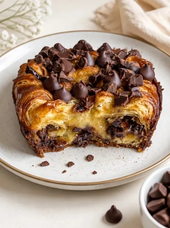Dekadenter Schokoladen-Croissant-Frühstücksauflauf mit Schokoladenstücken