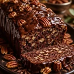 Dekadentes Schokoladen-Pekan-Nuss-Brot frisch gebacken auf einem Holzbrett.