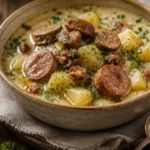 Schüssel mit deutscher Kartoffelsuppe mit Wurst und frischem Brot