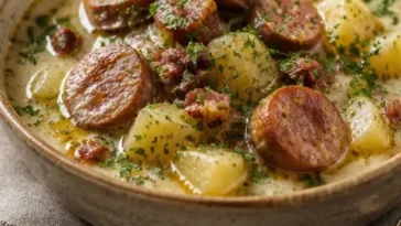 Schüssel mit deutscher Kartoffelsuppe mit Wurst und frischem Brot