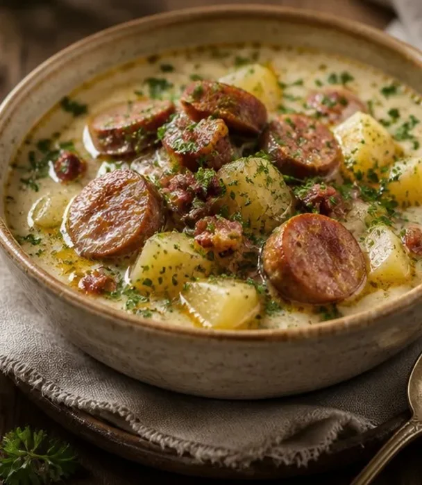 Schüssel mit deutscher Kartoffelsuppe mit Wurst und frischem Brot